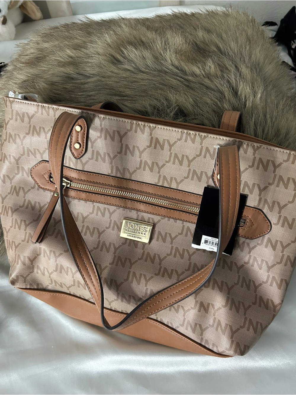 Jones New York Beige/Tan Monogram Tote with Front Zip Pocket